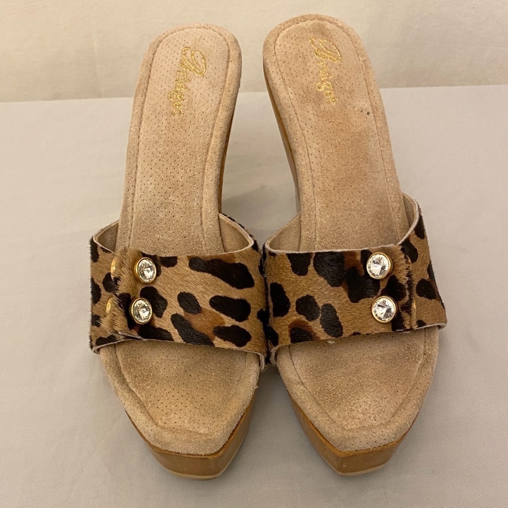 Bridget Glitz Wood Platform Sandals Animal Print Rhinestones Leather Shoes Sz 8 - Picture 5 of 12